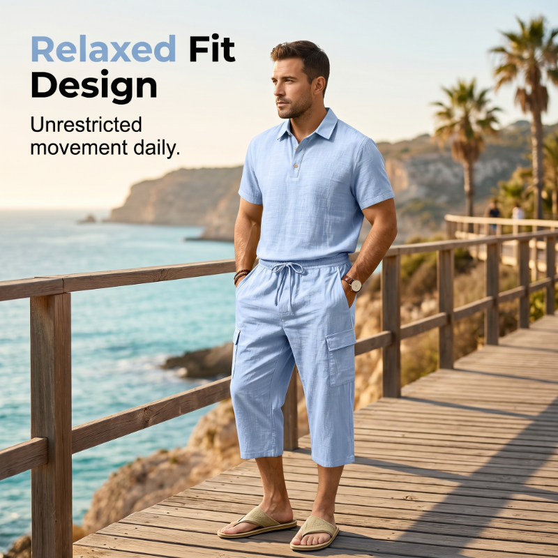 👕☀️Herren Sommer Leinen-Set – Lockeres Hemd & Cargo-Shorts Zweiteiliges Outfit