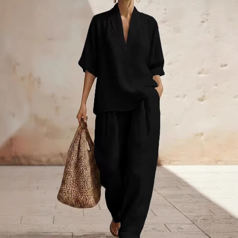 🥳🔥 2026 HOT SALE -50% 💞 Damen Casual Set: V-Ausschnitt Top & Wide-Leg Hose – modern, bequem & stilvoll ✨