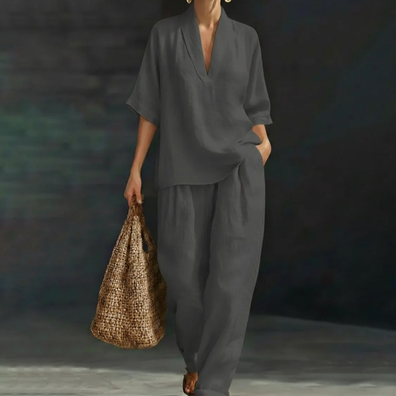 🥳🔥 2026 HOT SALE -50% 💞 Damen Casual Set: V-Ausschnitt Top & Wide-Leg Hose – modern, bequem & stilvoll ✨