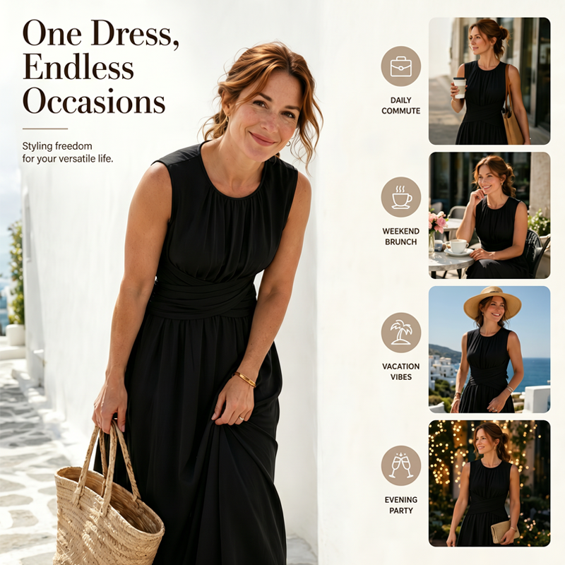 🌸 Damen Maxikleid ohne Ärmel ✨ Rundhalsausschnitt, Taillierte Passform & Eleganter Sommer-Look