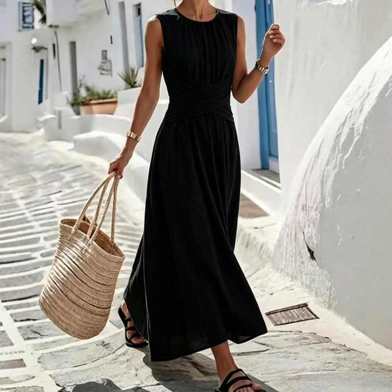 🌸 Damen Maxikleid ohne Ärmel ✨ Rundhalsausschnitt, Taillierte Passform & Eleganter Sommer-Look
