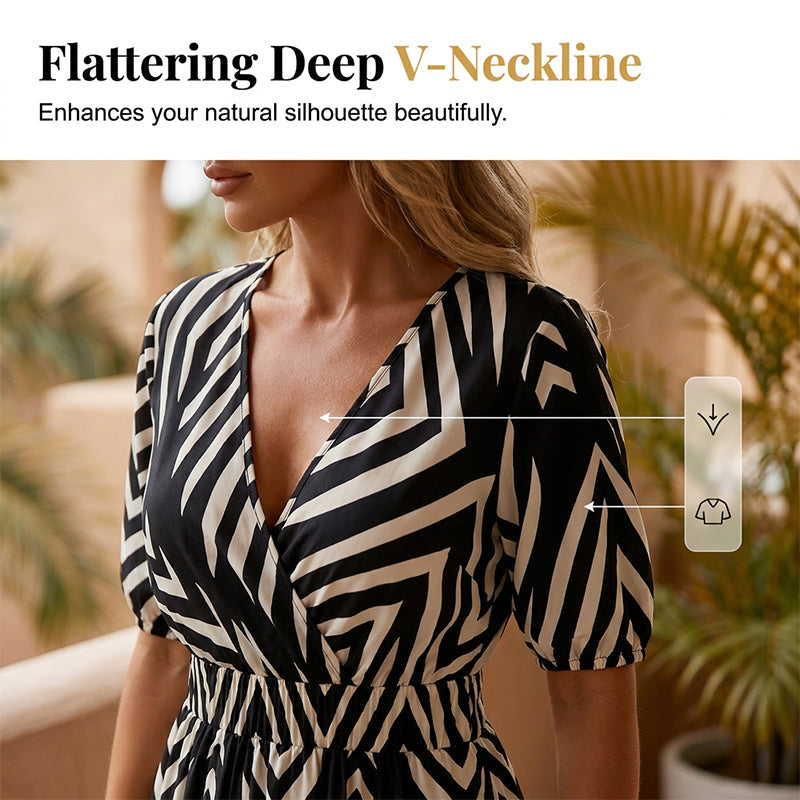 🌸 Damen Midikleid mit V-Ausschnitt ✨ Zickzackmuster, Puffärmeln & Eleganter Passform