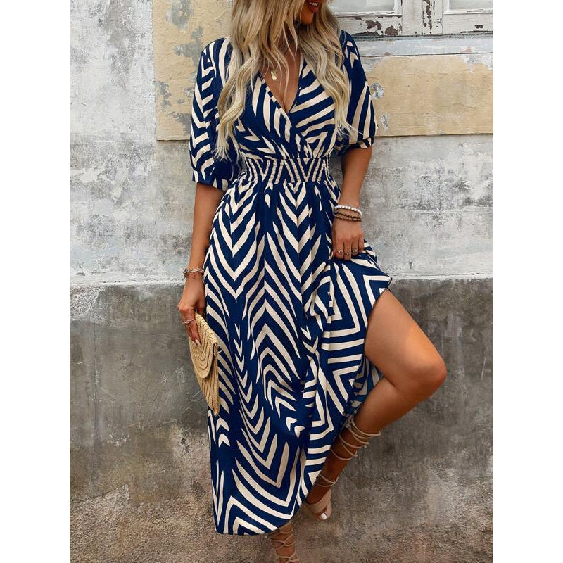 🌸 Damen Midikleid mit V-Ausschnitt ✨ Zickzackmuster, Puffärmeln & Eleganter Passform