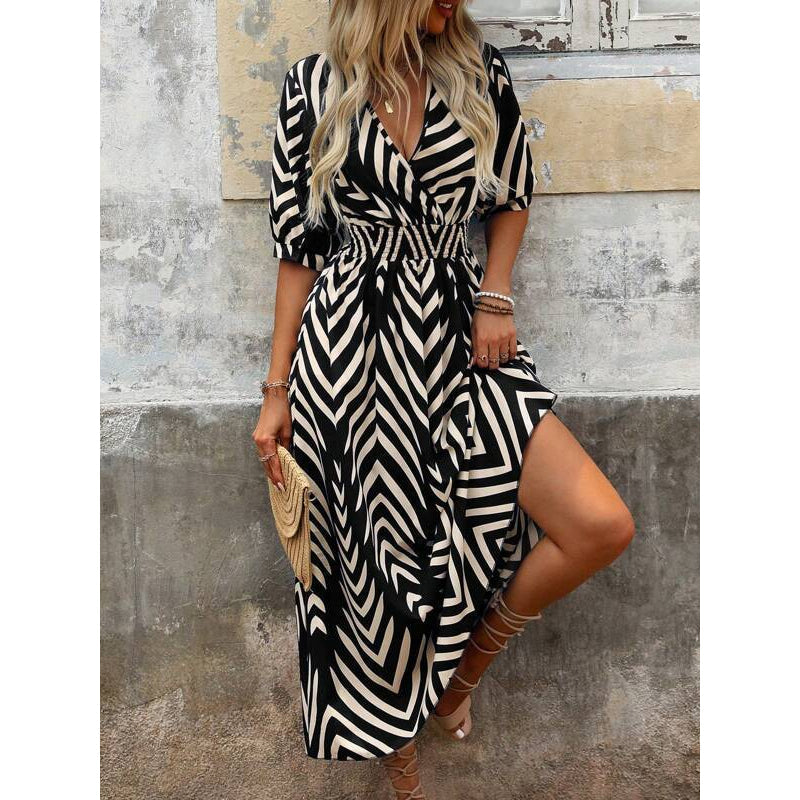 🌸 Damen Midikleid mit V-Ausschnitt ✨ Zickzackmuster, Puffärmeln & Eleganter Passform