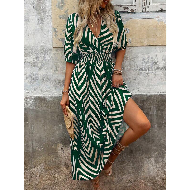 🌸 Damen Midikleid mit V-Ausschnitt ✨ Zickzackmuster, Puffärmeln & Eleganter Passform