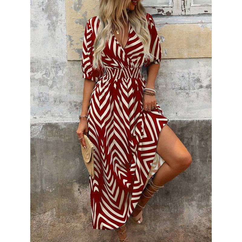 🌸 Damen Midikleid mit V-Ausschnitt ✨ Zickzackmuster, Puffärmeln & Eleganter Passform