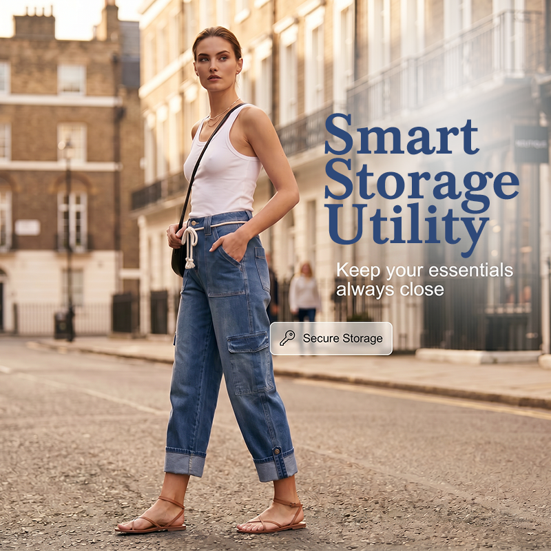 ⏰ 50 % RABATT – Nur für kurze Zeit 👖 Damen Cargo-Jeans mit Weitem Bein ✨ Mehrere Taschen, Bequeme Passform & Perfekt für Alltag und Freizeit