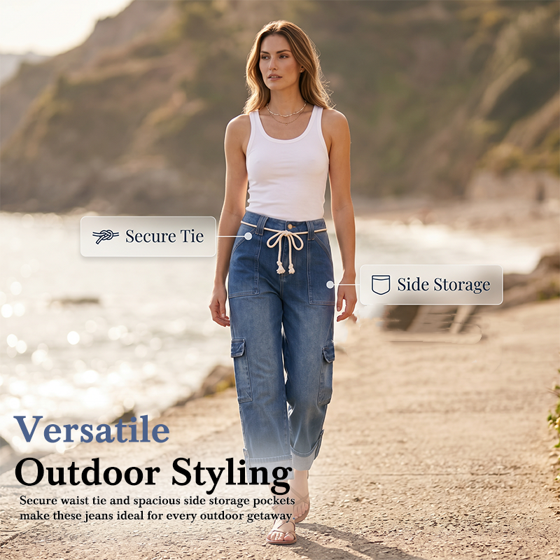 ⏰ 50 % RABATT – Nur für kurze Zeit 👖 Damen Cargo-Jeans mit Weitem Bein ✨ Mehrere Taschen, Bequeme Passform & Perfekt für Alltag und Freizeit