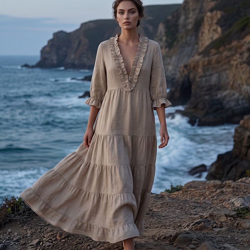 🔥 50% RABATT! 👗 Damen Maxikleid mit V-Ausschnitt ✨ Rüschenbesatz, Gestufter Rock & Luftig für Sommer, Urlaub und Feste