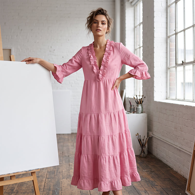 🔥 50% RABATT! 👗 Damen Maxikleid mit V-Ausschnitt ✨ Rüschenbesatz, Gestufter Rock & Luftig für Sommer, Urlaub und Feste