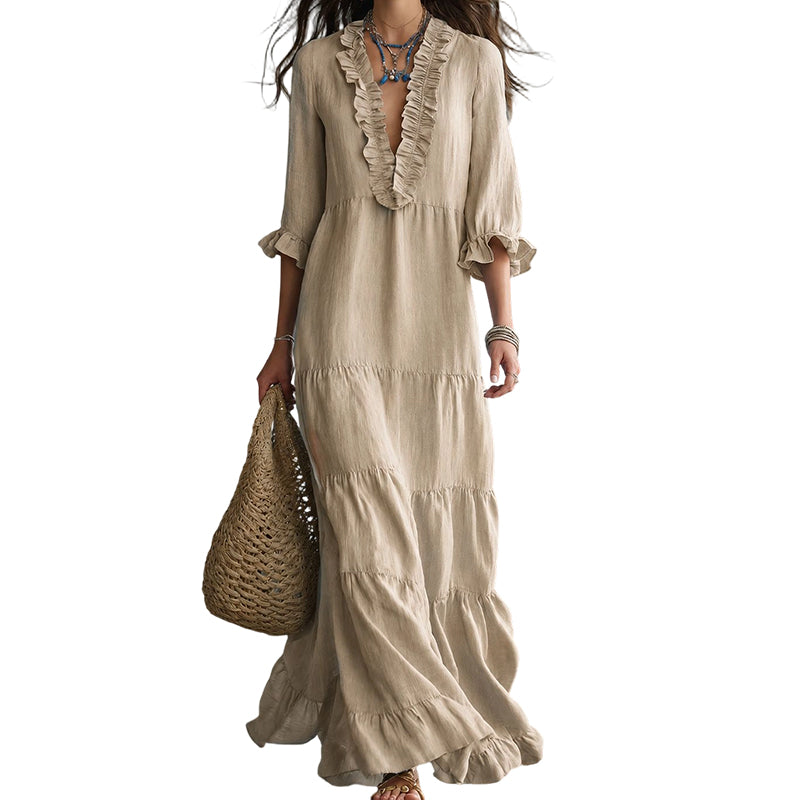 🔥 50% RABATT! 👗 Damen Maxikleid mit V-Ausschnitt ✨ Rüschenbesatz, Gestufter Rock & Luftig für Sommer, Urlaub und Feste