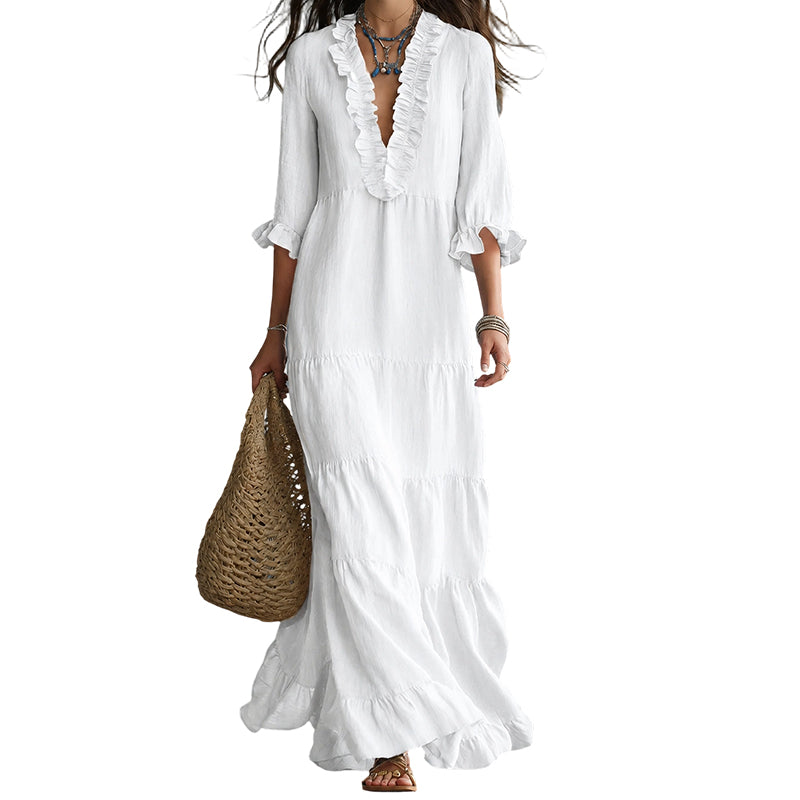 🔥 50% RABATT! 👗 Damen Maxikleid mit V-Ausschnitt ✨ Rüschenbesatz, Gestufter Rock & Luftig für Sommer, Urlaub und Feste