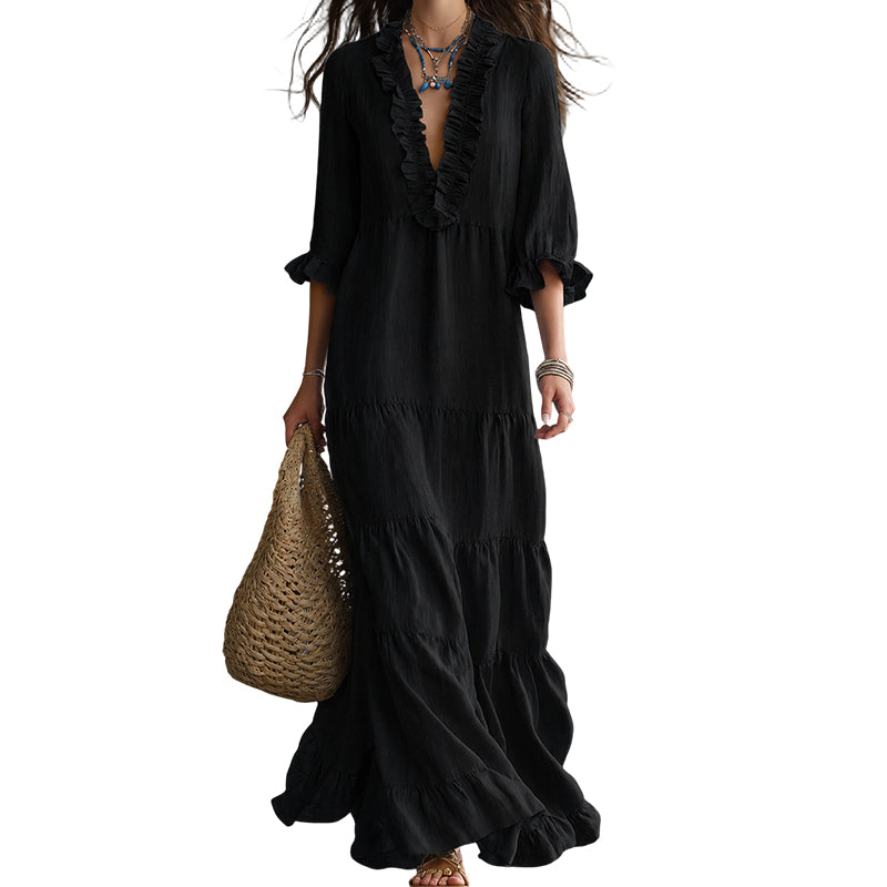 🔥 50% RABATT! 👗 Damen Maxikleid mit V-Ausschnitt ✨ Rüschenbesatz, Gestufter Rock & Luftig für Sommer, Urlaub und Feste