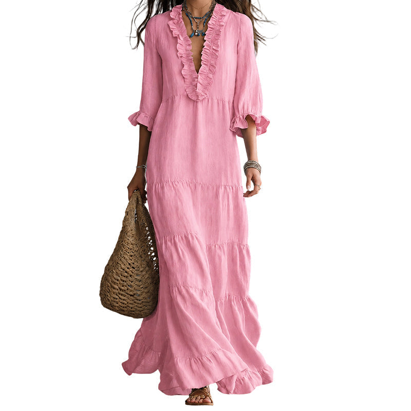 🔥 50% RABATT! 👗 Damen Maxikleid mit V-Ausschnitt ✨ Rüschenbesatz, Gestufter Rock & Luftig für Sommer, Urlaub und Feste
