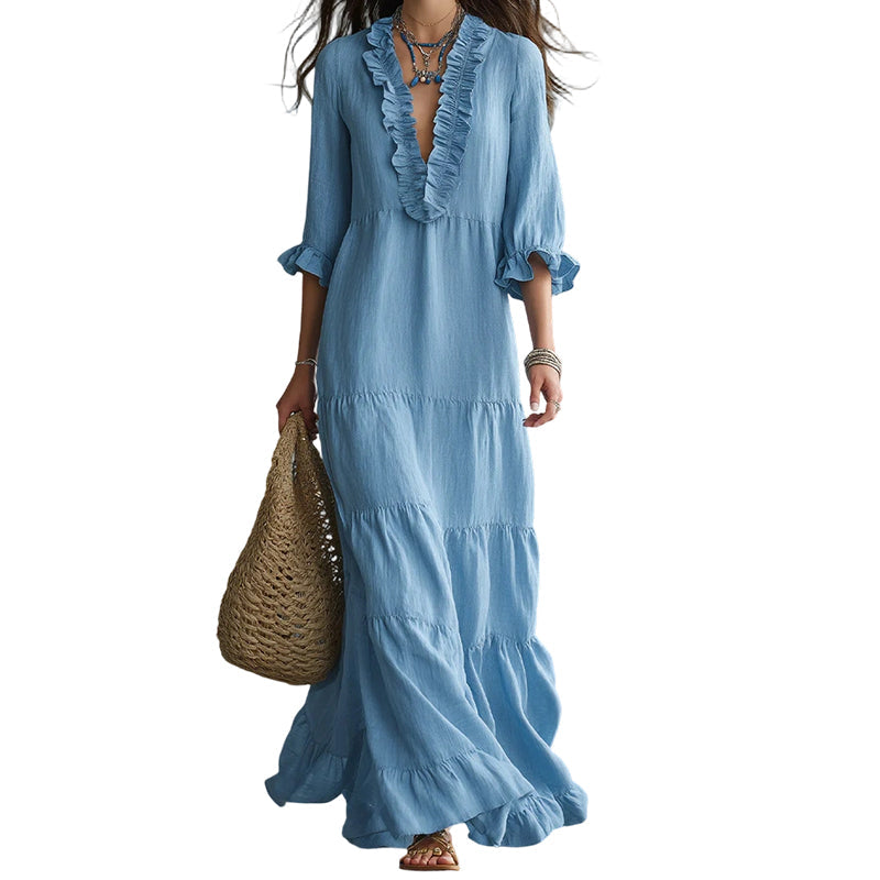 🔥 50% RABATT! 👗 Damen Maxikleid mit V-Ausschnitt ✨ Rüschenbesatz, Gestufter Rock & Luftig für Sommer, Urlaub und Feste