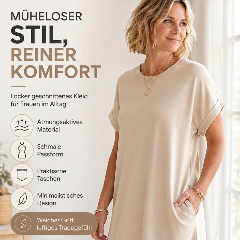 👗 Damen-Tunika-Kleid mit Rundhals – einfarbig, lockere Passform mit praktischen Taschen, vielseitig & bequem für Alltag, Freizeit & Reisen 🌿