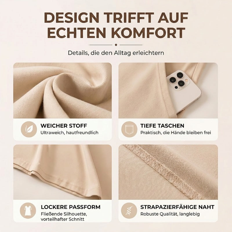 👗 Damen-Tunika-Kleid mit Rundhals – einfarbig, lockere Passform mit praktischen Taschen, vielseitig & bequem für Alltag, Freizeit & Reisen 🌿