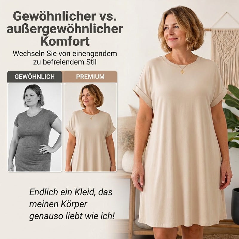 👗 Damen-Tunika-Kleid mit Rundhals – einfarbig, lockere Passform mit praktischen Taschen, vielseitig & bequem für Alltag, Freizeit & Reisen 🌿