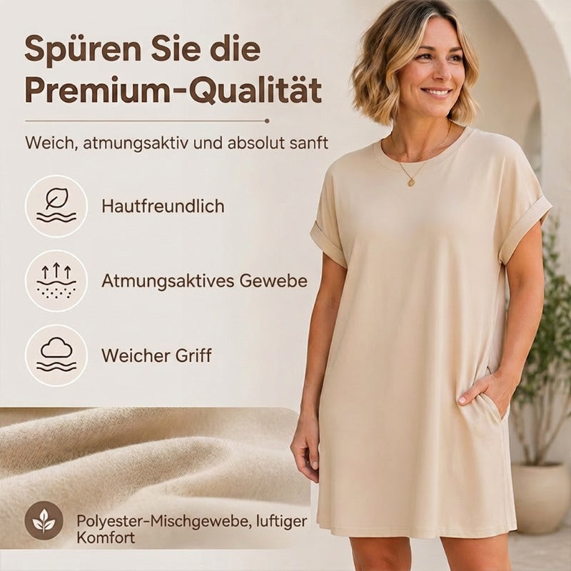 👗 Damen-Tunika-Kleid mit Rundhals – einfarbig, lockere Passform mit praktischen Taschen, vielseitig & bequem für Alltag, Freizeit & Reisen 🌿